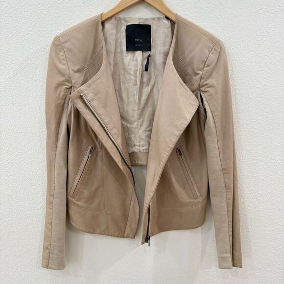 Veda Women's Medium Cream Tan Silk Genuine Leather Hi Low Hem Moto Jacket Coat - Picture 1 of 13